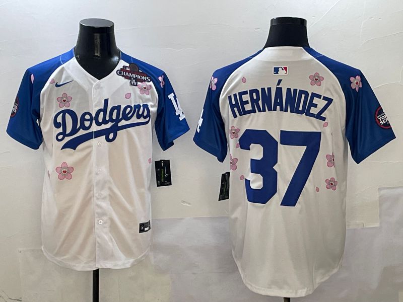 Men Los Angeles Dodgers #37 Hernandez White Blue Sakura Edition 2025 Nike MLB Jersey style 5